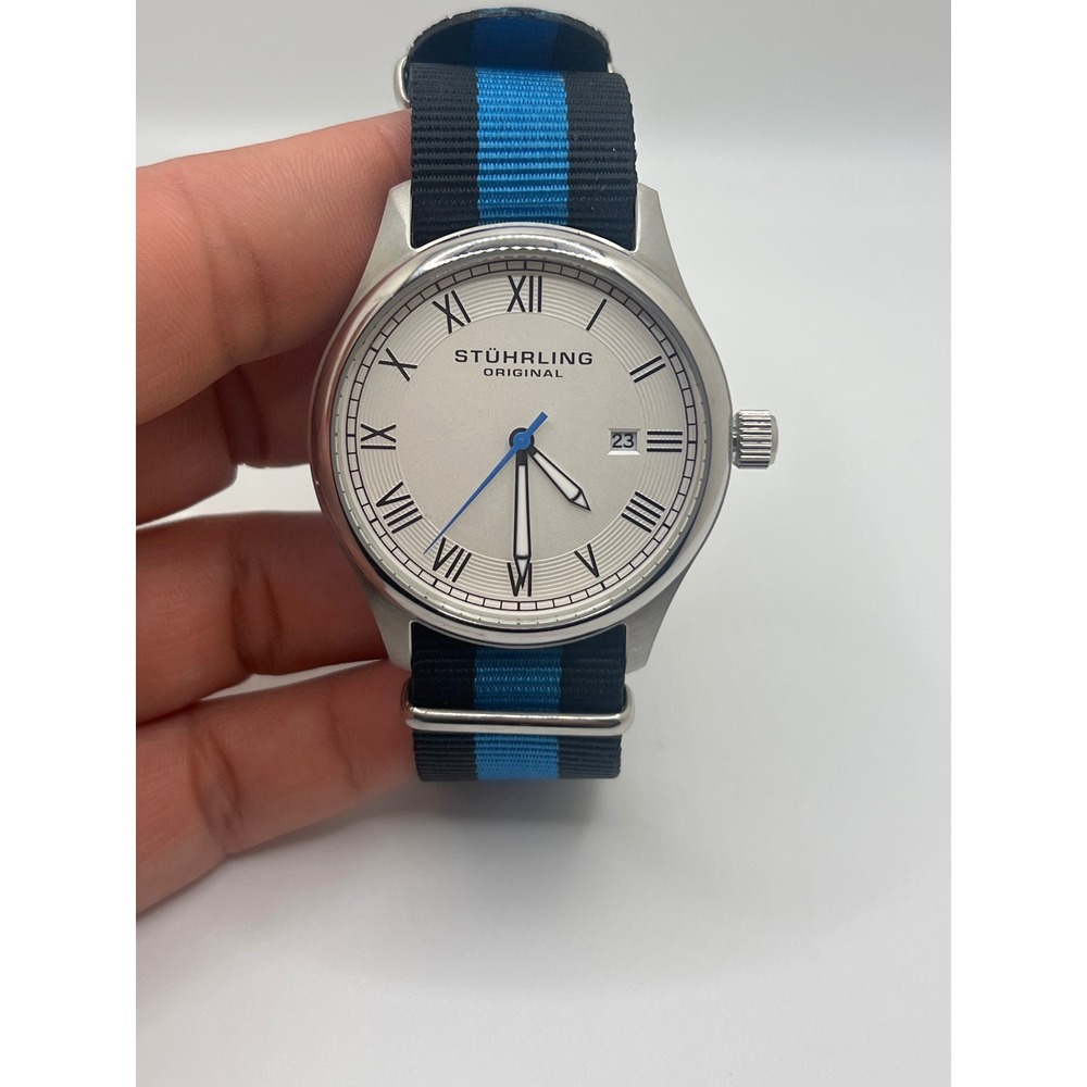 Stührling Original Men's Watch Silver Dial Roman Numerals Blue Stripe Band